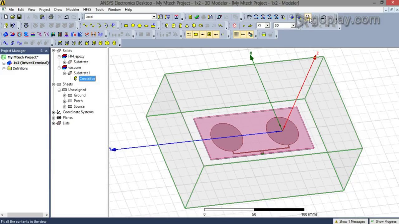 HFSS - 1x2 Circular Patch Antenna Array design for 2.4 GHz applications