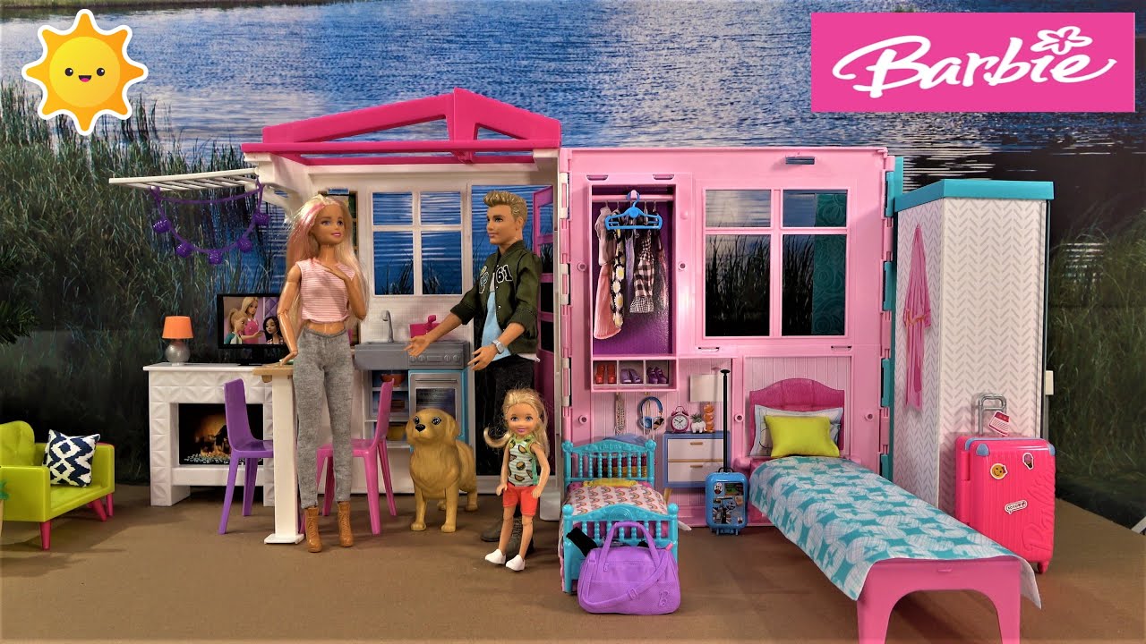 Barbie and Ken New Vacation Home Story with Barbie Sister Chelsea and Barbie Lake Home Biking Fun