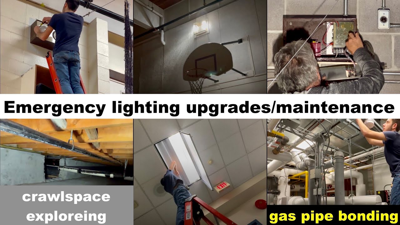 Gym emergency lighting work, bonding gas pipe, 1964 school crawlspace, electrical maintenance