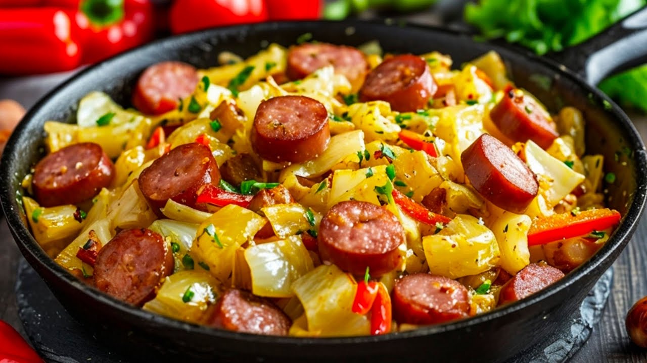 Gebratener Kohl mit Würstchen und Speck ist so lecker! Rezept von meinem Freund aus Amerika!