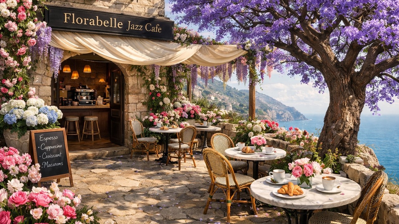 Luxury Jazz Cafe by the Sea 🌸 Elegant Coastal Cafe Ambience for Work, Study & Relax
