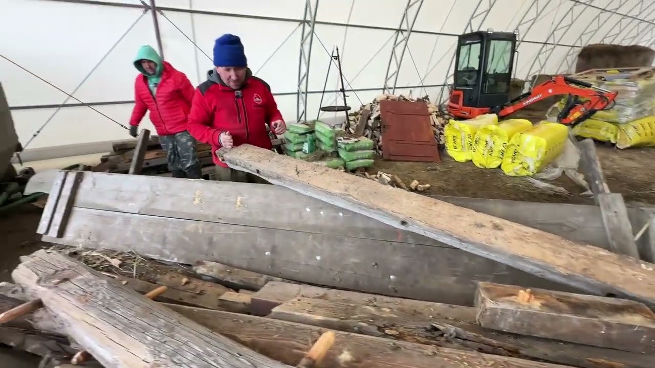 Drewno z rozbi&oacute;rki Andrzej i Jarek układają pod wiatą jaką tajemnice zdradzą Rolnicy z Podlasia