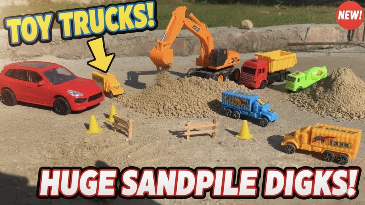 Kids Construction Site Play! Toy Trucks and Excavator Digging in the Sand