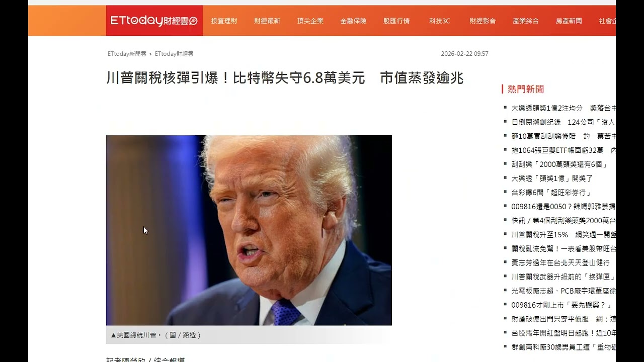 翻攝自由時報 東森財經 金車新聞 川普宣布全球關稅加碼至15％ 比特幣聞訊下挫 (比特幣又跌了! 短短半年從12萬美金跌到剩6萬7美金換1塊比特幣)