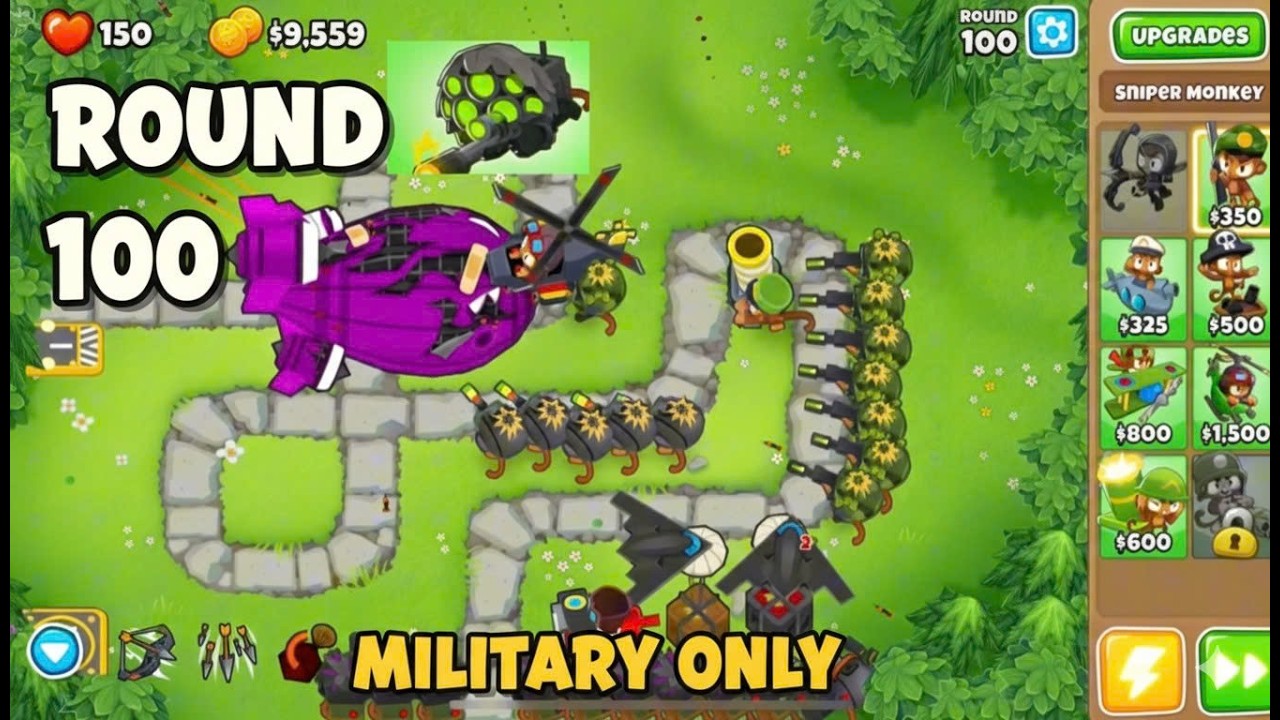 Round 100 #02 | Monkey Meadow – Military Only – Hefty Bloons | Clear R100 (v52.2)
