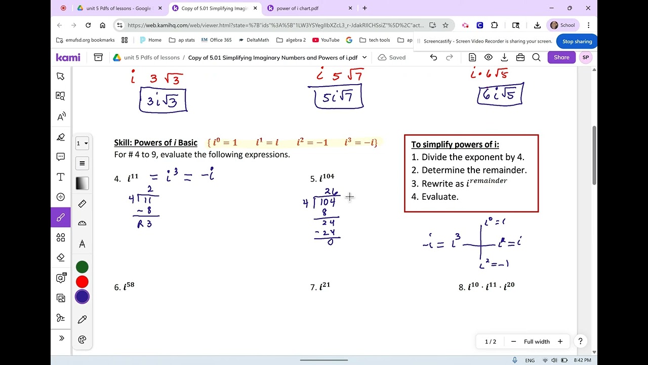 A2 5.01 Simplifying radicals with negative radicands and simplifying powers of i