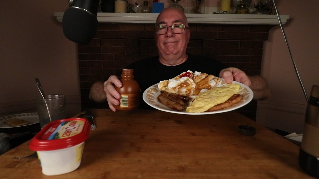 ASMR Waffle Egg and Sausage Breakfast Mukbang