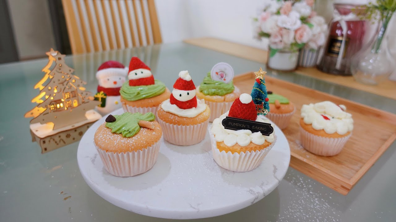 圣诞纸杯戚风蛋糕 | Christmas Cupcakes | 戚风蛋糕松软不塌陷 | 香滑抹茶奶油做法【Baking with Yingnan】【Pumpkin’s Baking】