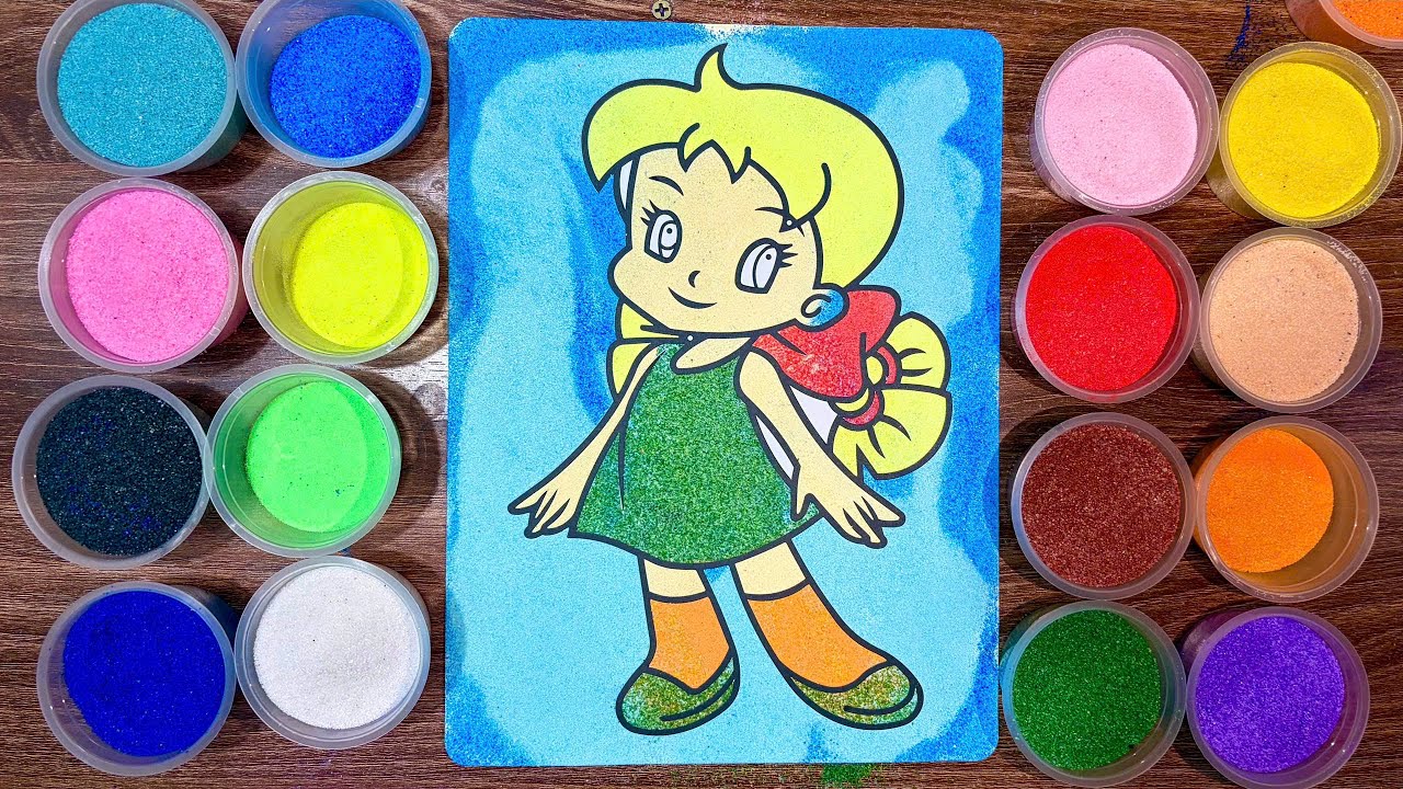 CUTE CARTOON GIRL DOLL Sand Painting Coloring! Easy Kids DIY Art Project (Sand Art World Kids)