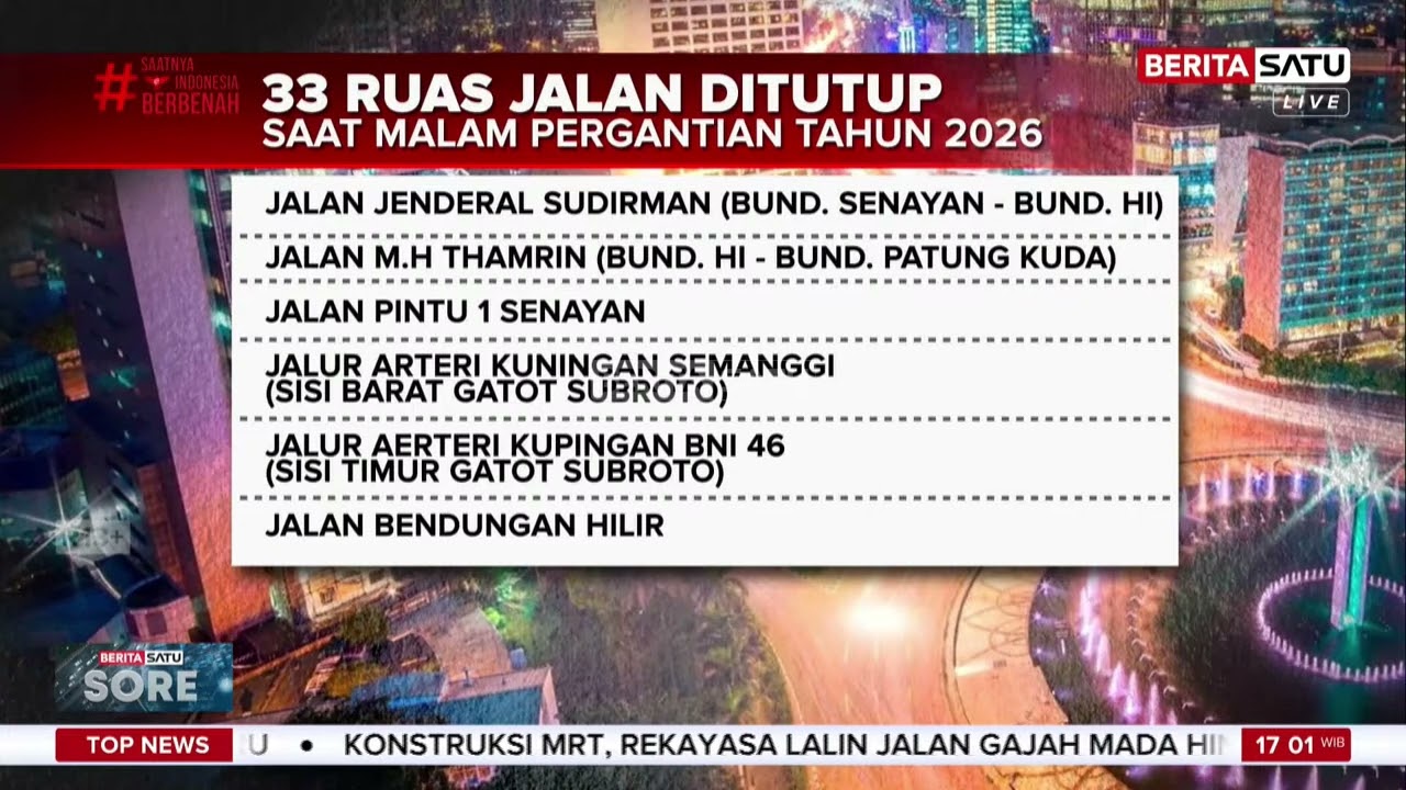 Malam Tahun Baru 2026, Dishub Jakarta Tutup 33 Ruas Jalan 