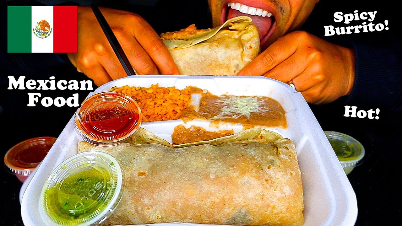 SPICY MEXICAN FOOD BURRITO BEANS AND RICE *EXTREMELY HOT SAUCE CHALLENGE* EATING SHOW MOUTH SOUNDS