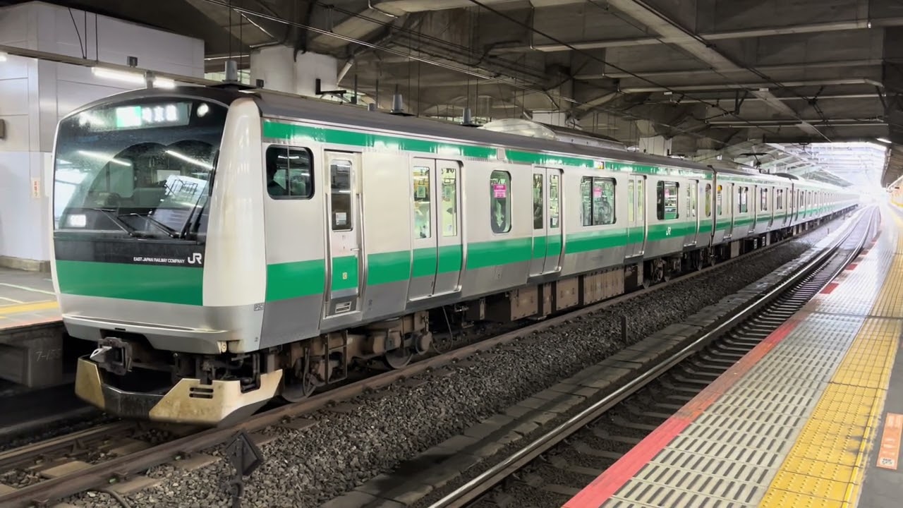 E233系7000番台132編成が各駅停車新宿行きとして赤羽駅7番線を発車するシーン (938K) 2026.2.11.9:17