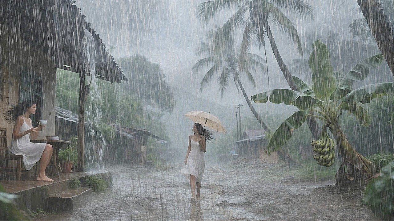 Heavy Rain in an Indonesian City Neighborhood | Peaceful Walking in the Rain | Sleep Sounds