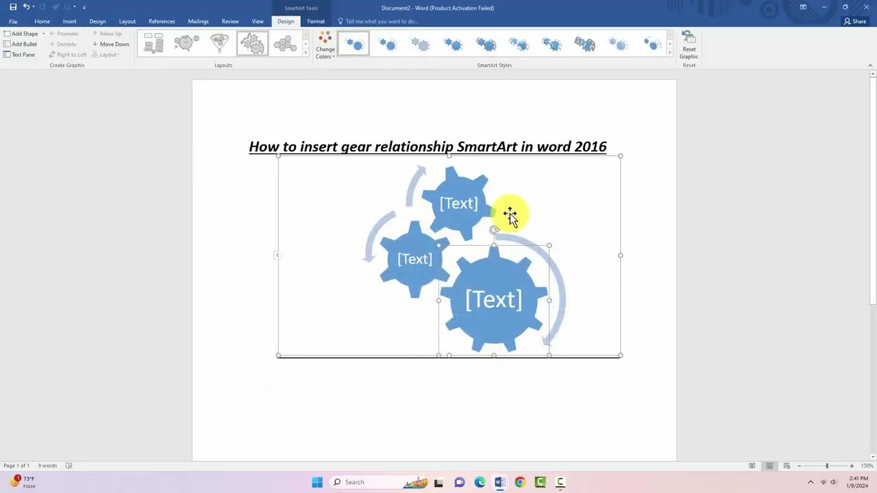 How to insert relationship SmartArt in word 2016