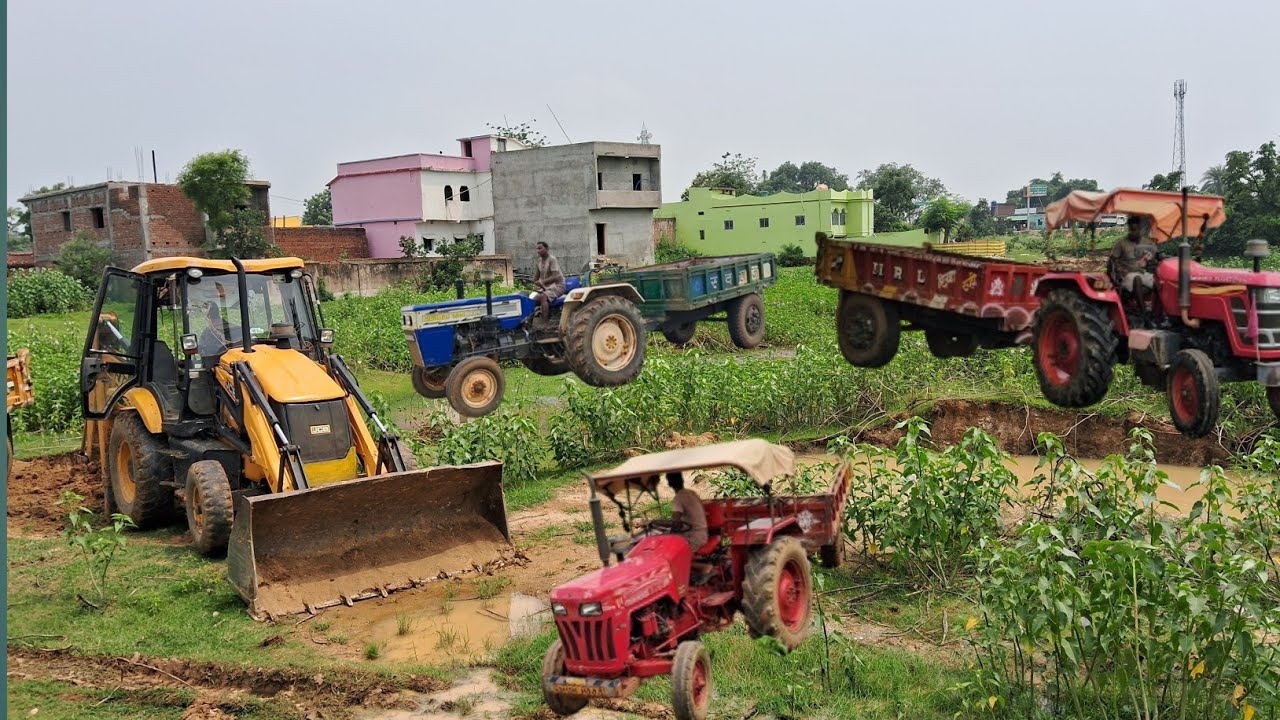 Jcb 3DX House filling work with three tractors | Two Mahindra Tractors & One Swaraj Tractor