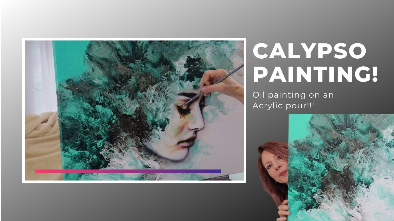 Calypso Pour-trait!!! Ocean inspired acrylic pour, embellished with an oil portrait!