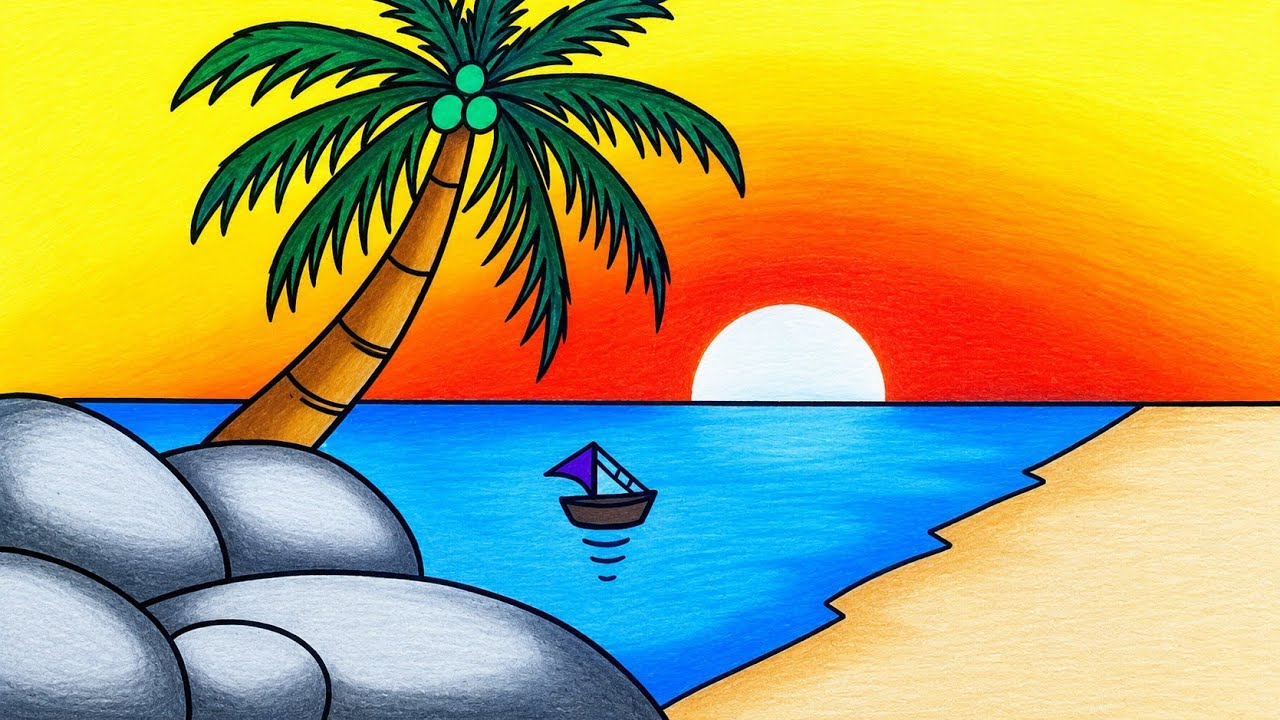 Gambar Pemandangan | Cara Menggambar Pemandangan Sunset Yang Indah Di Pantai Dengan Oil Pastels