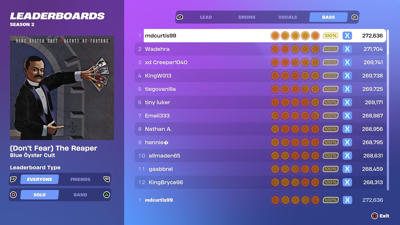 [Fortnite Festival S2] (Don't Fear) The Reaper Expert Bass 100% FC World Record