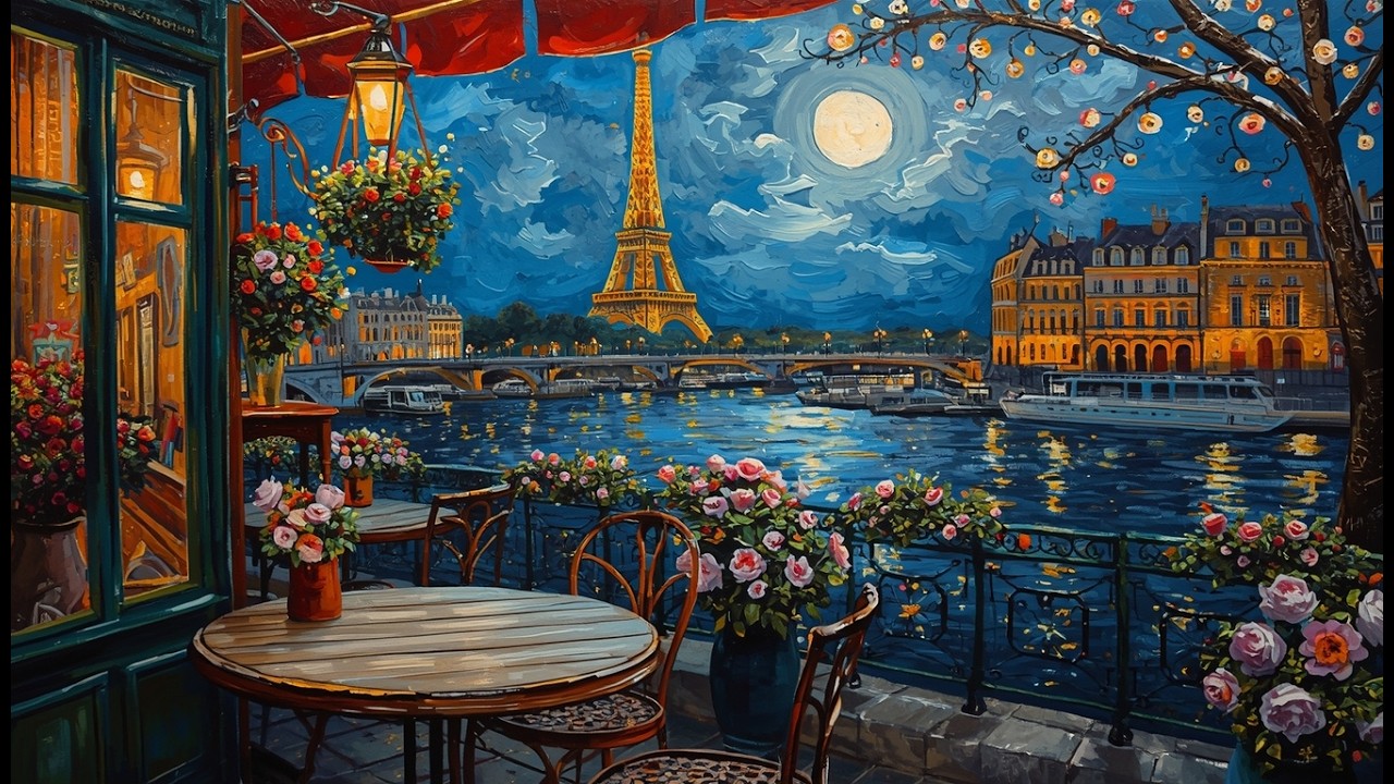 Dreamy Paris Night: Eiffel Tower View from Flower-Filled Cafe - Leonid Afremov Style Painting 1 Hour
