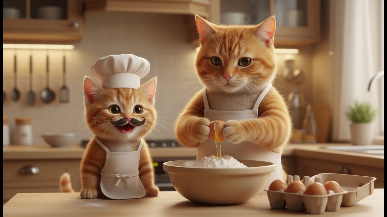A kitten making pizza