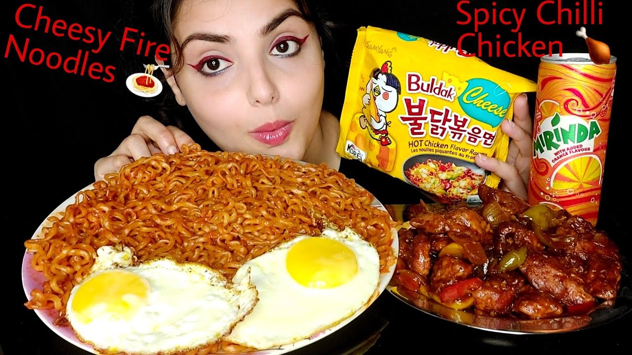 Eating Cheesy Fire Korean Noodles | Spicy Dry Chilli Chicken | Sunny Side Up Egg | Mukbang Videos 😋🥵