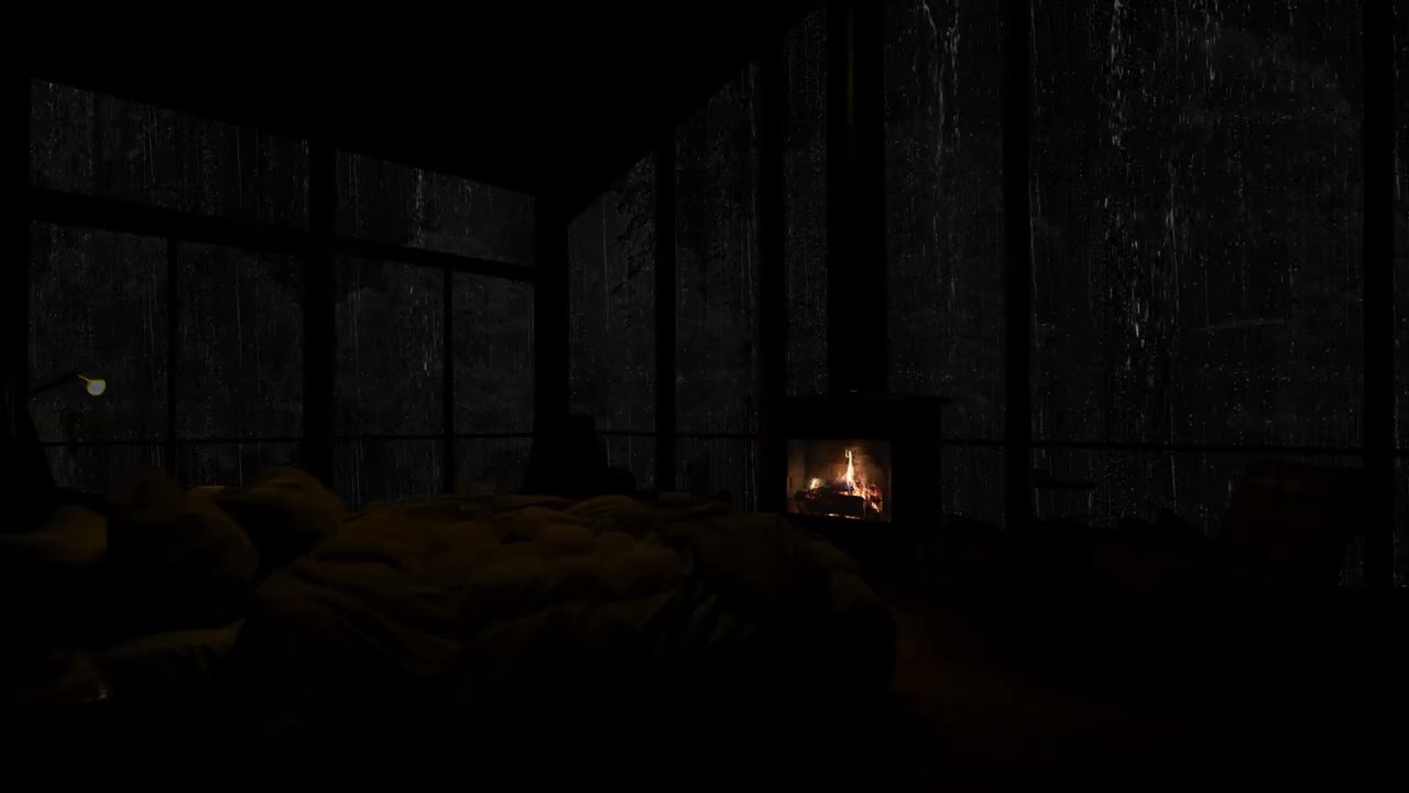 Cozy Cabin Ambience with Gentle Night Rain 💧 Rain & Fireplace Sounds for Relax, Study & Work