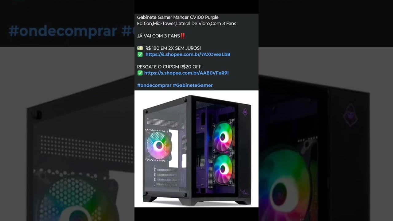 Gabinete Gamer Mancer CV100 Purple Edition,Mid-Tower,Lateral De Vidro,Com 3 FansJÁ VAI COM 3 FANS‼️