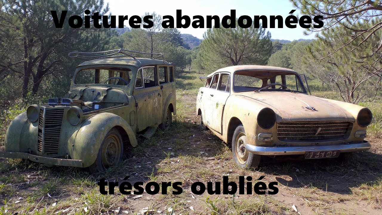 Les voitures abandonnées , trésors oubliés . Peugeot 404 break et Peugeot 202 , Renault Juva 4 .