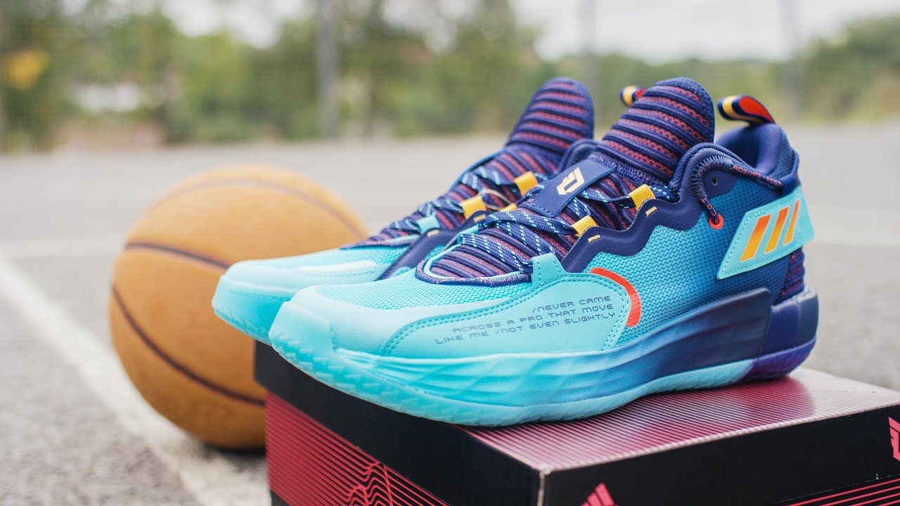 Up close : Adidas Dame 7 EXTPLY : Dark Blue Pulse Aqua Solar Red : 2021