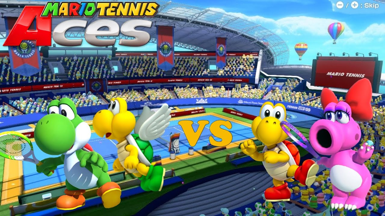 Mario Tennis Aces - Yoshi & Koopa Paratroopa vs Birdo & Koopa Troopa - Marina Stadium Hard Court