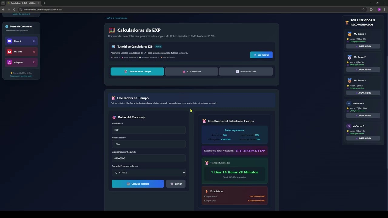 CALCULADORAS DE EXPERIENCIA PARA MU ONLINE - INFOMUONLINE.COM