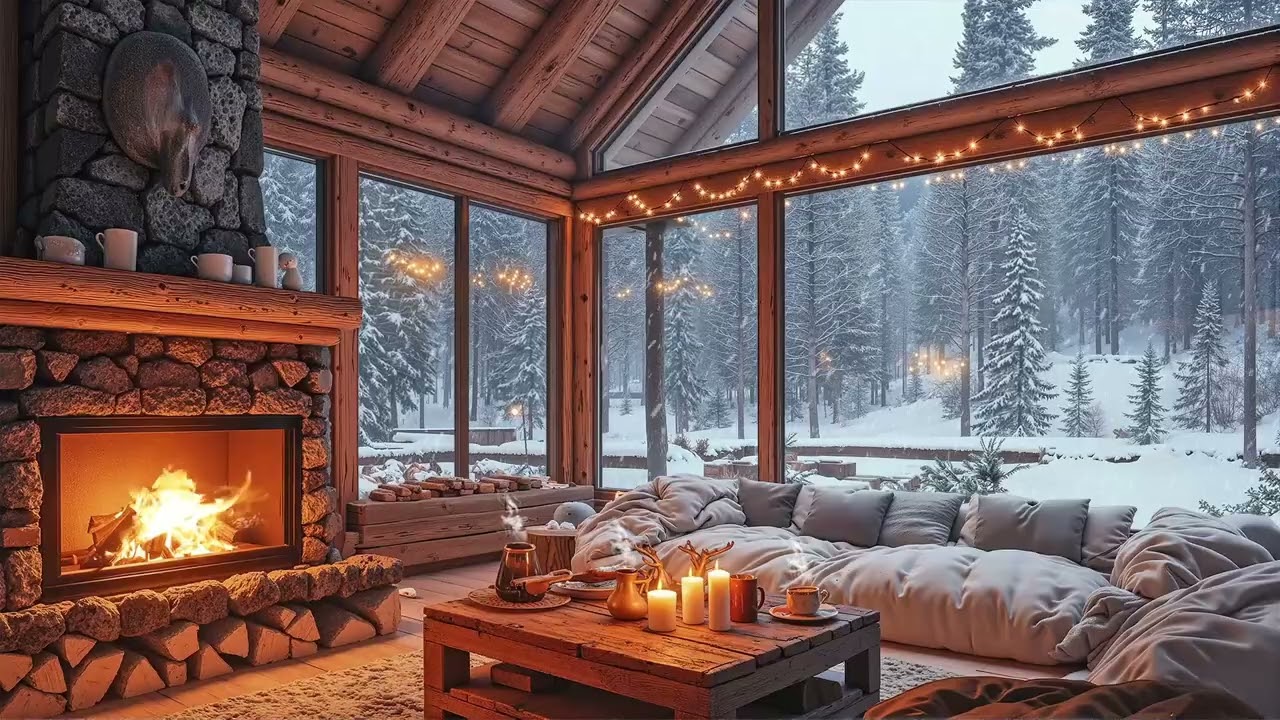 Warm Winter Cabin Jazz ✨ Snowy Fireplace Atmosphere | Chill Smooth Jazz for Cozy Evenings