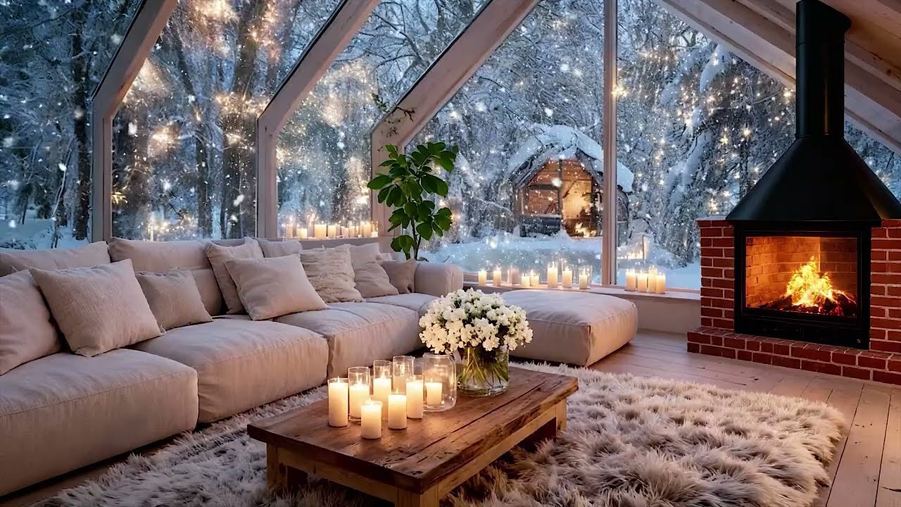 ❄️🎼 Snowy Night Piano Lounge | Cozy Fire Ambience | 5 Hour Focus & Deep Relax Meditation