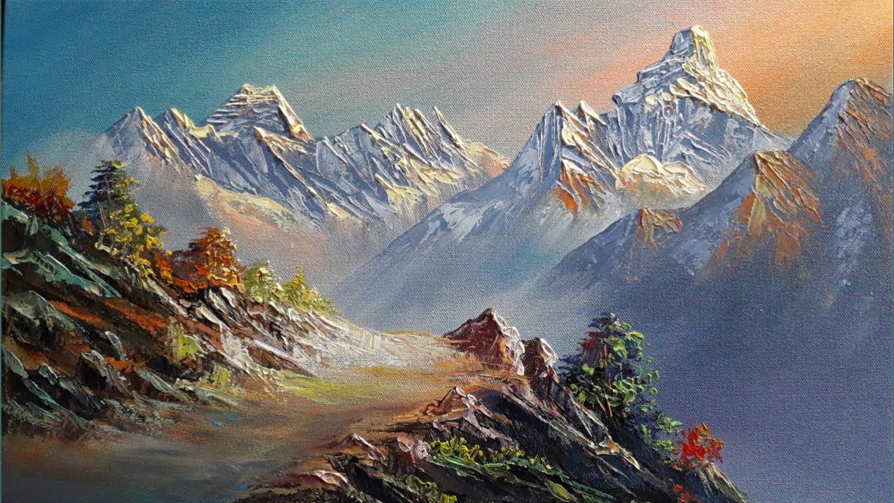 Mount Everest & Ama Dablam Painting || How To Paint Nepali Mountain Painting || BK ART Galllery