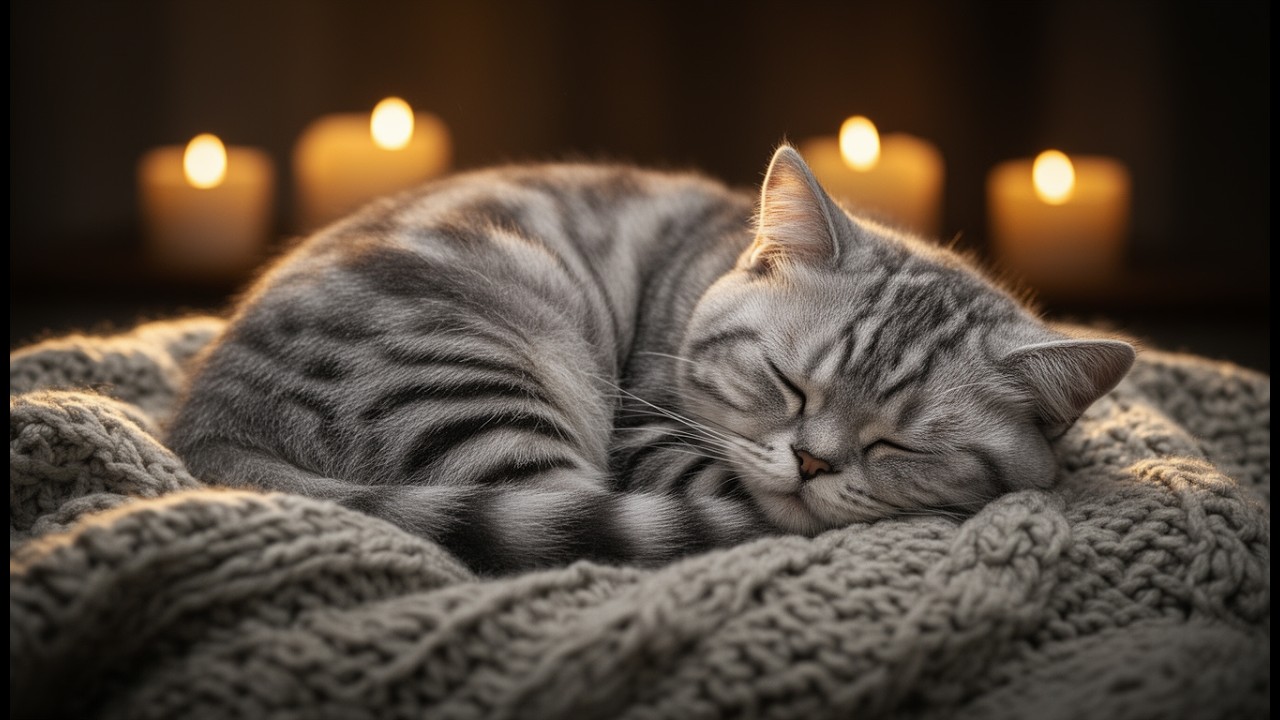 Sleepy Silver Tabby Cat in Candlelight  Cozy Healing ASMR