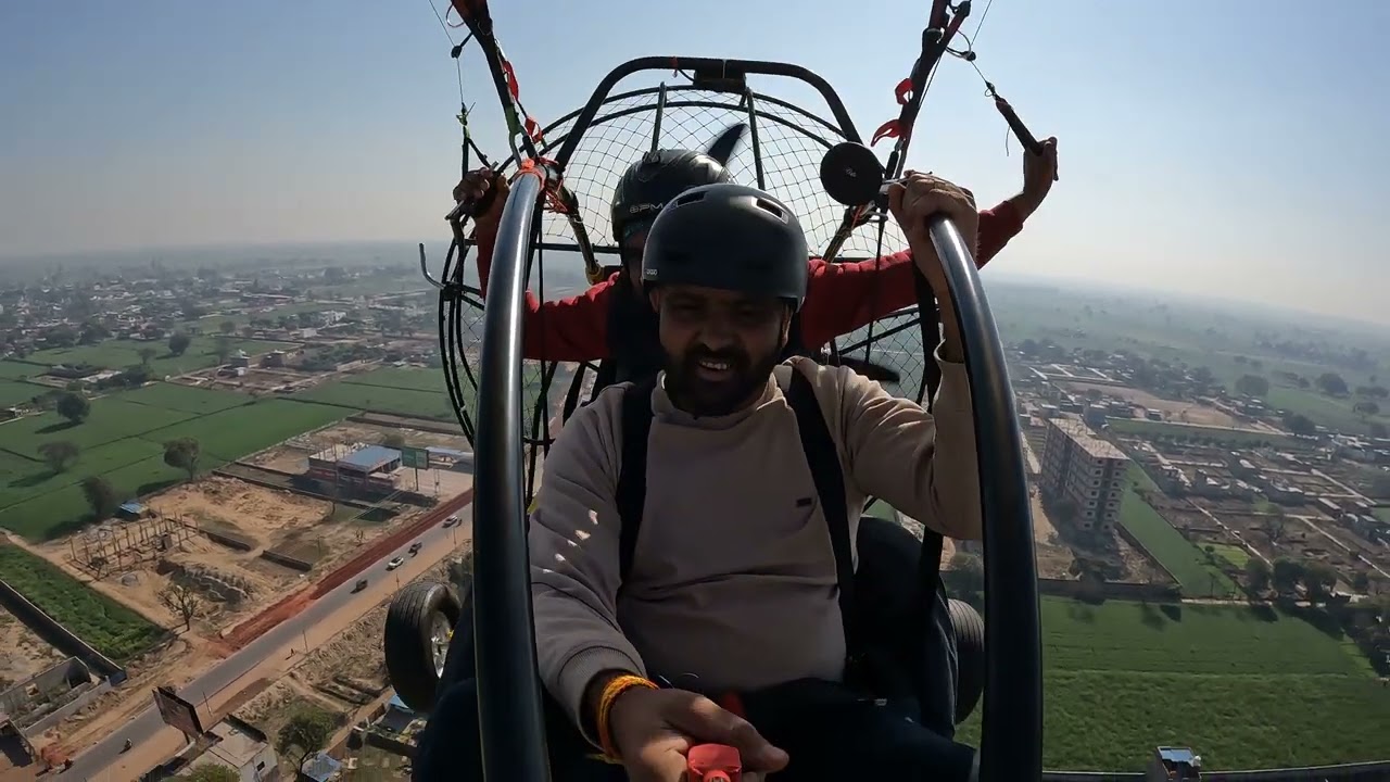 flying over Yamuna River in Vrindavan Mathura on Powered Paraglider Rotex582 motor with airfer trike