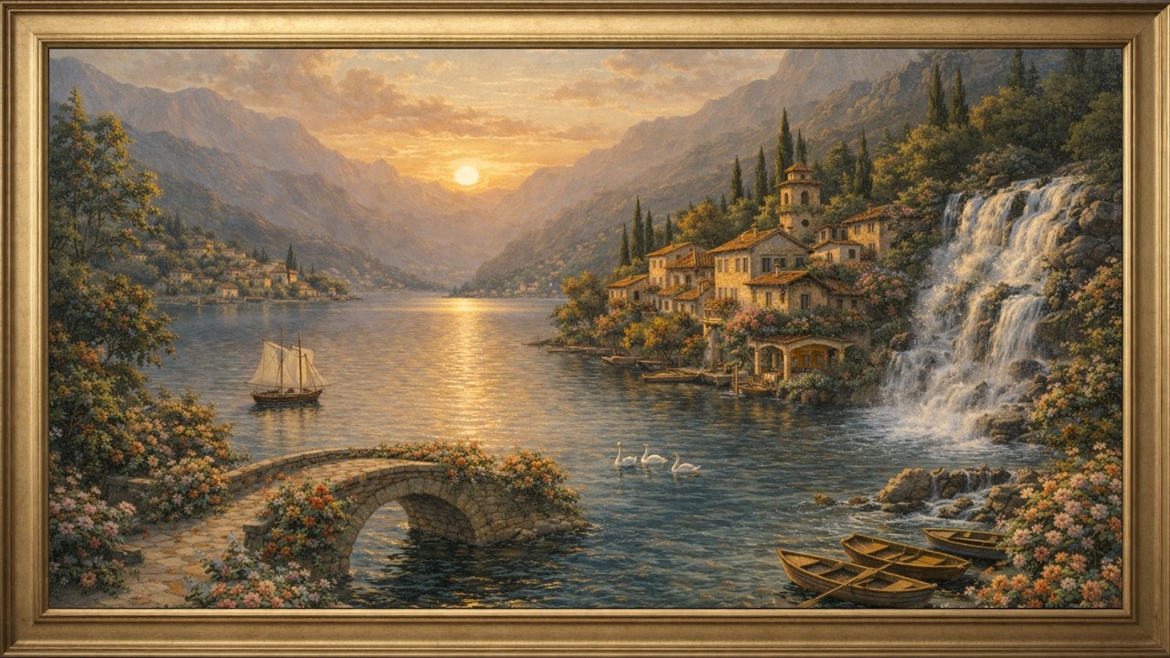 4K TV Frame Art: Mediterranean Waterfall & Lakeside Village | 3 Hours Frame Art