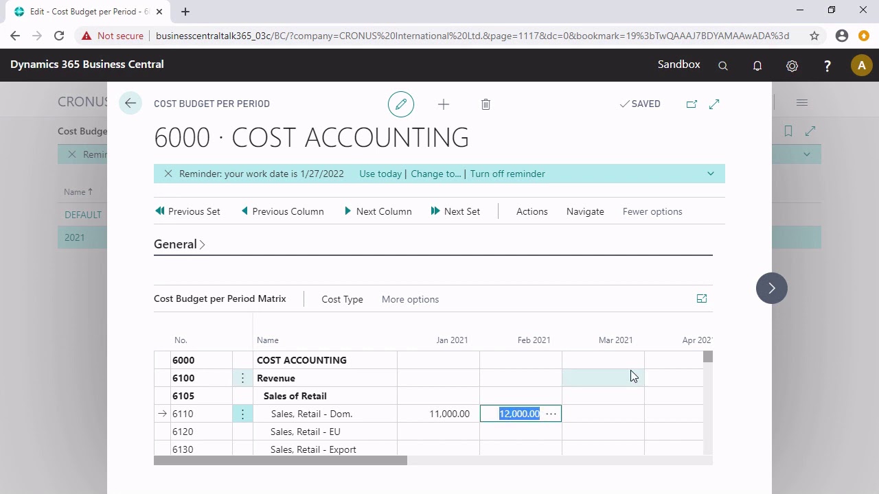 Business Central: Configure cost budget