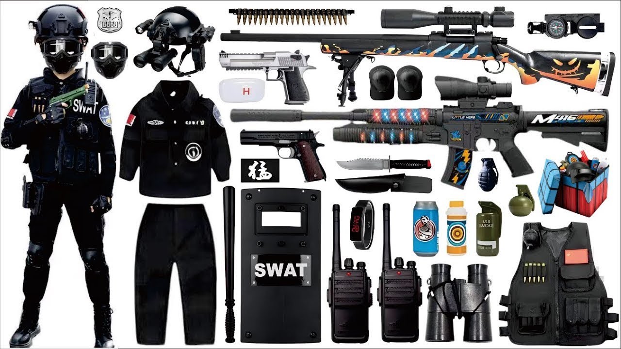 Special police weapon toy set unboxing I SCAR assault rifle, carbine M2 rifle, Glock pistol, bomb