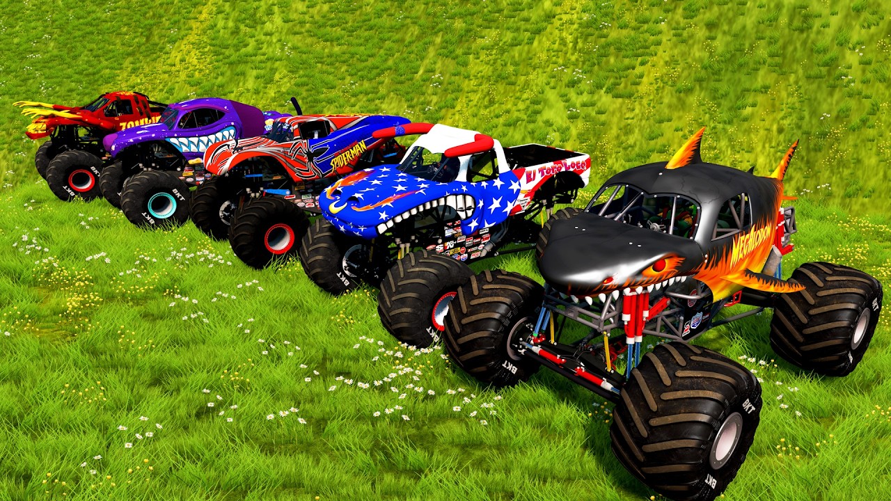 Monster Truck Water Transport with Flatbed Trailer - Potholes vs Monster Trucks | BeamNG Drive #53