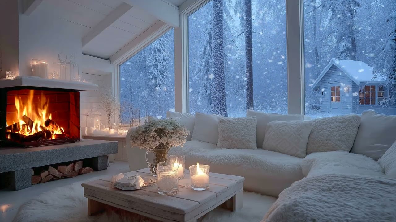 ❄️ Relaxing Snowy Window Piano | White Lounge Fireplace Vibes for Focus & Calm Study Atmosphere (2H)