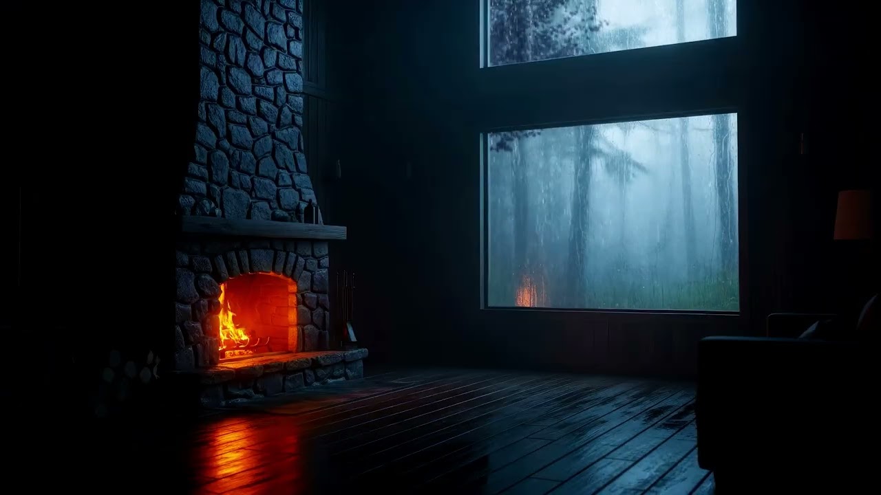 Rainy Night in a Cozy Wooden Cabin | Soothing Rain on Window & Fireplace for Anxiety Relief