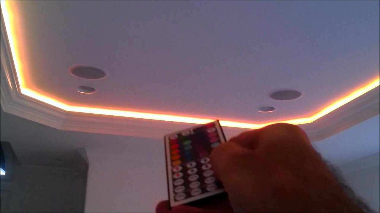 Flexible 5050 RGB LED Ribbon Light Strips Behind Crown Molding by H3 Homes