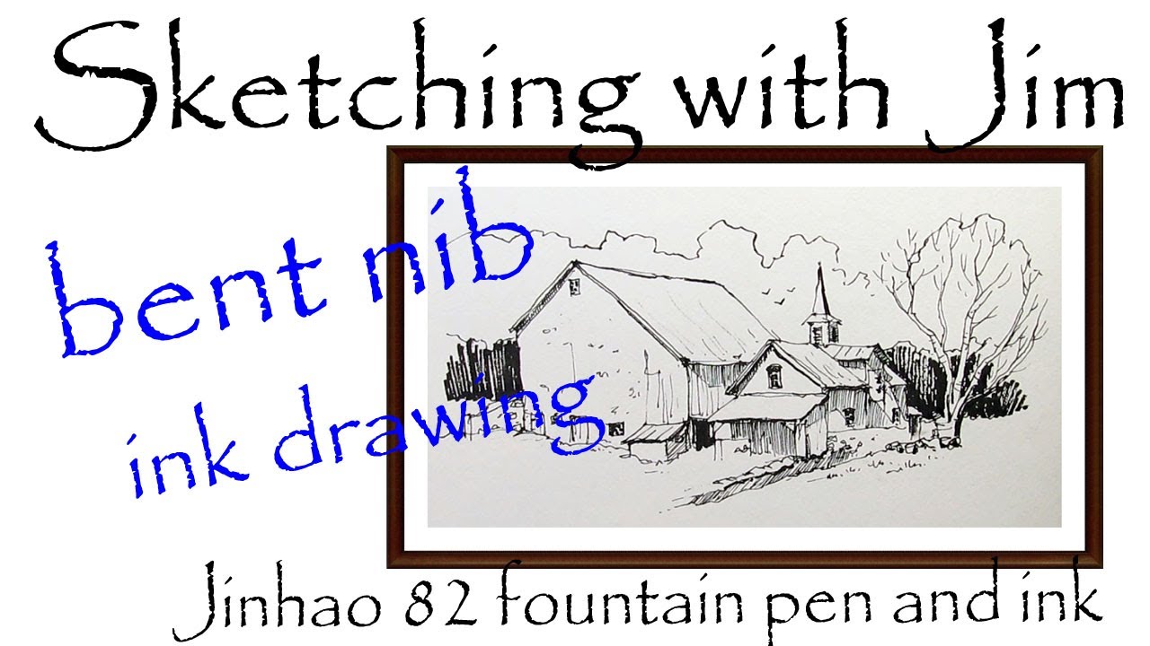 Bent nib fountain pen ink drawing of barns