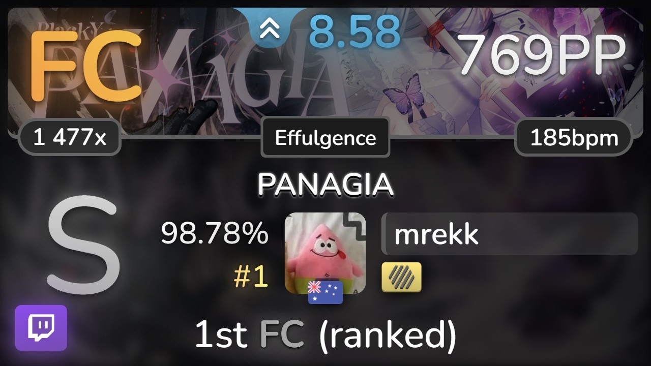 🔴 8.6⭐ mrekk | BlackY - PANAGIA [Effulgence] +HD 98.78% FC #1 | 769pp - osu!