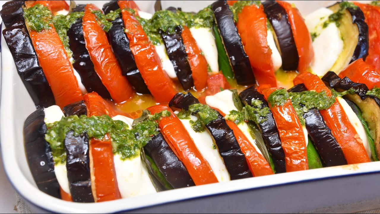 Roasted Eggplant Tomato Caprese Bake