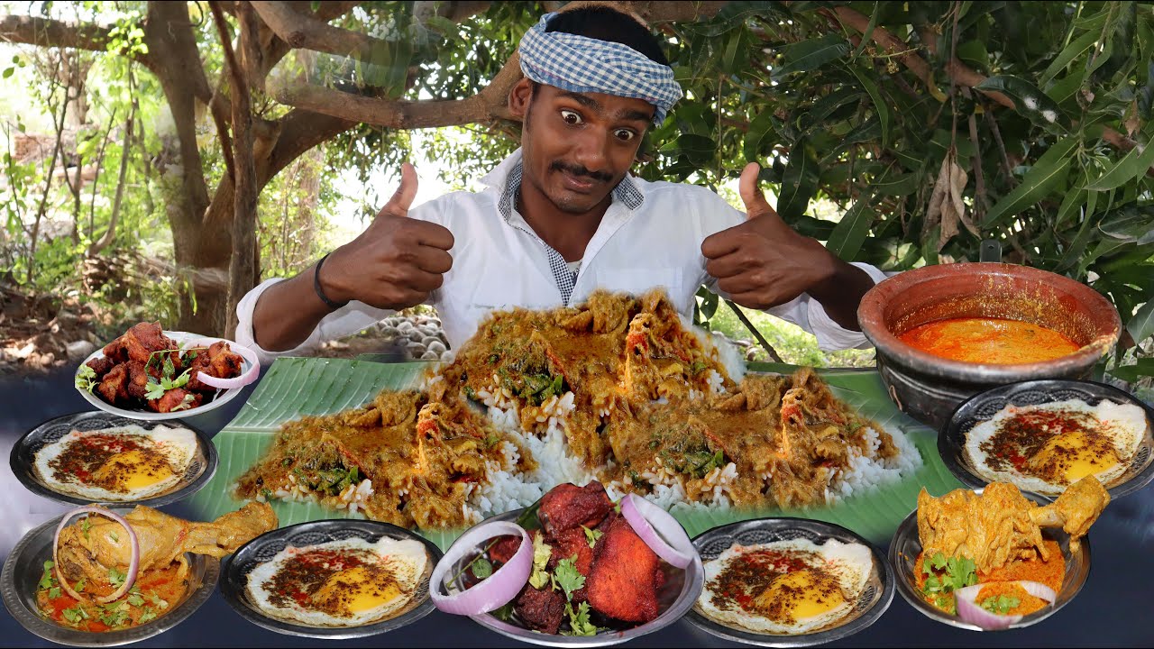White rice,Chicken-65,Chicken Leg Piece,Egg half boil,Chicken Curry Eating Challenge