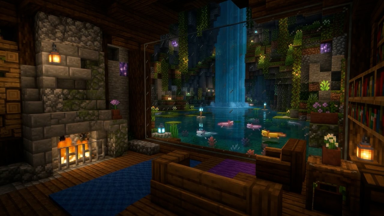 Explore a Hidden Minecraft Cabin 🍂 Lanterns, Waterfall & Fireplace Sounds