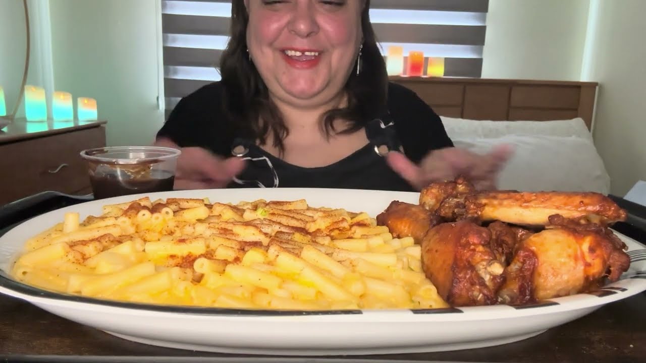 ASMR. CHICKEN WINGS | SMOKEY BBQ SAUCE | MAC N' CHEESE (EATING SOUNDS) MUKBANG. #fypyoutube