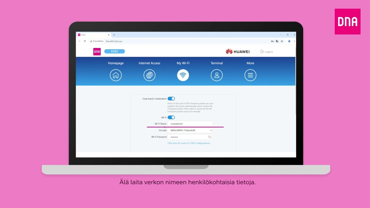 DNA Ethernet- ja Mesh-modeemi WiFi 6 K562 | WiFi-verkon nimen ja salasanan vaihto